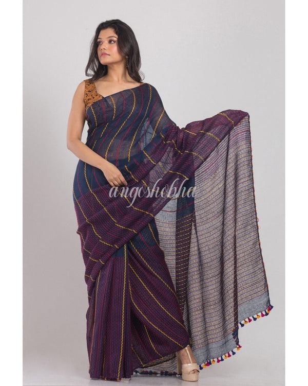 Women's Blue Handwoven Linen Saree - Angoshobha