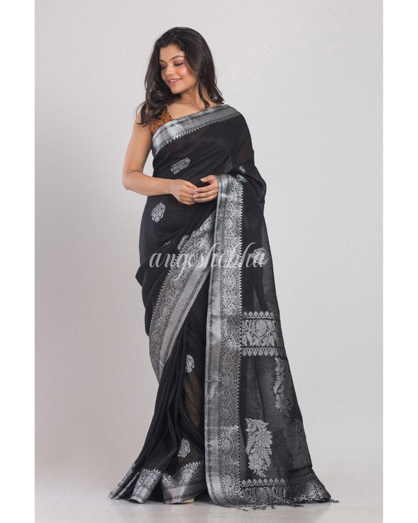 Women's Black Handwoven Linen Saree - Angoshobha