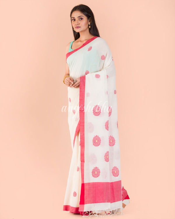 Women's White Handwoven Cotton Saree - Angoshobha