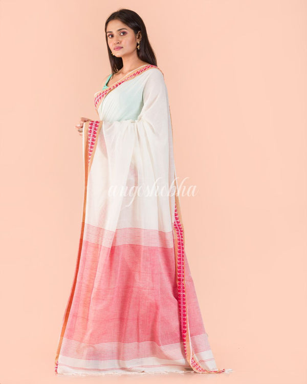 Women's Soft Cream Cotton Tangail Saree - Angoshobha