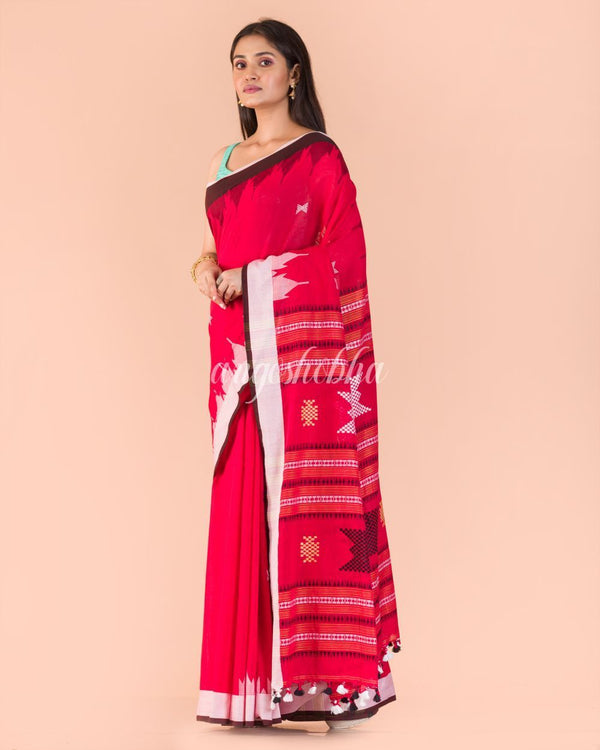 Women's Red Handwoven Cotton Saree - Angoshobha