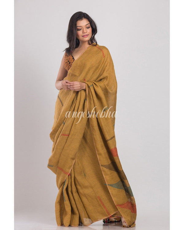 Women's Dark Brown Handwoven Linen Saree - Angoshobha