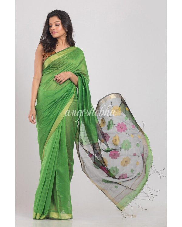 Women's Green Handloom Cotton Silk Saree - Angoshobha