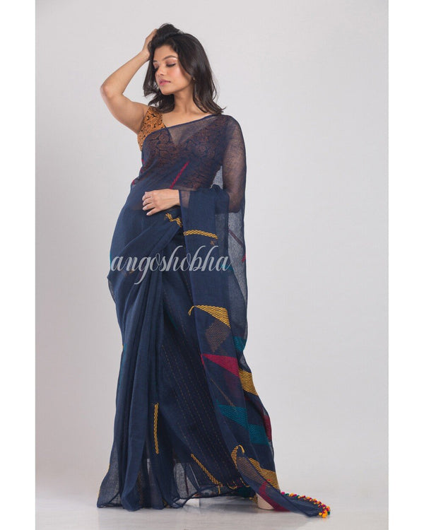 Women's Blue Handwoven Linen Saree - Angoshobha