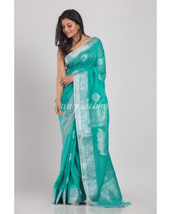 Women's Turquoise Handwoven Linen Saree - Angoshobha