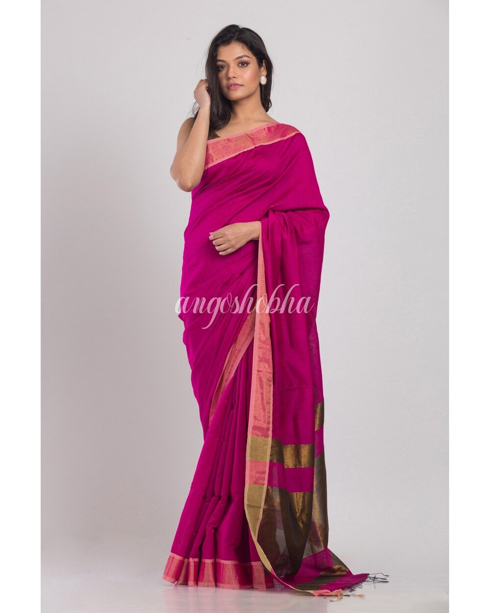 Women's Black Handloom Cotton Silk Saree - Angoshobha