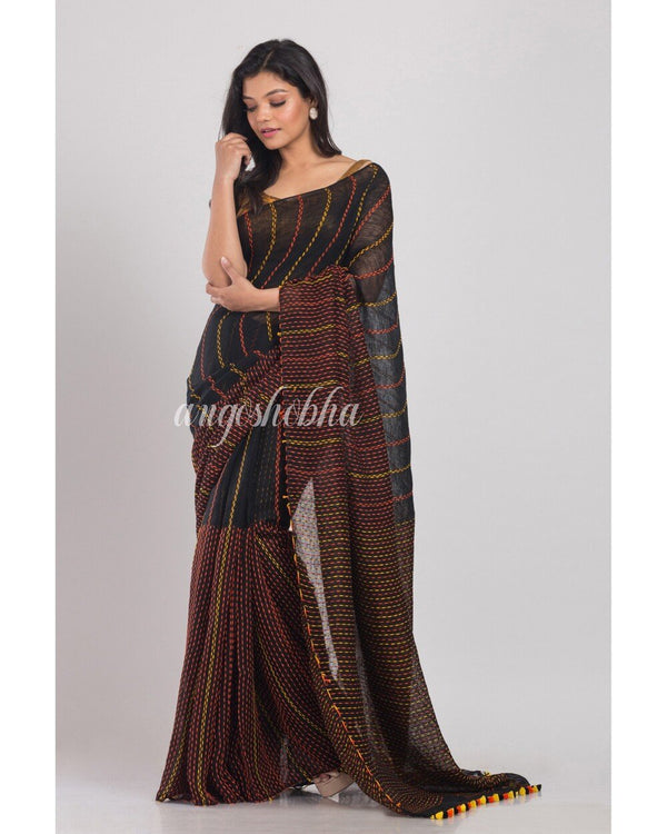 Women's Black Handwoven Linen Saree - Angoshobha