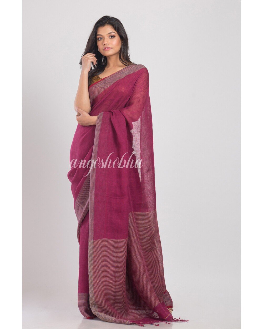 Women's Navy Blue Handloom Linen Saree - Angoshobha