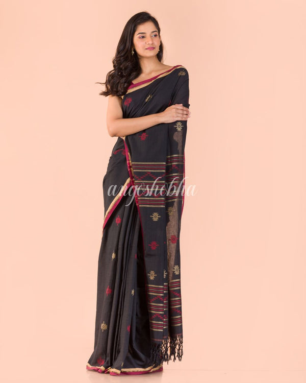 Women's Black Cotton Jamdani Saree - Angoshobha