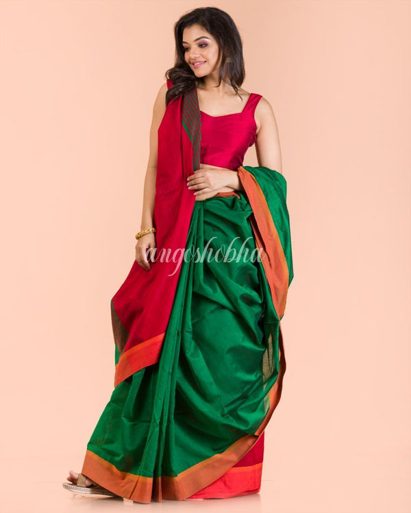 Women's Green Handwoven Blended Cotton Saree - Angoshobha