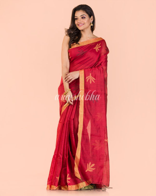 Women's Red Blended Cotton Jamdani Saree - Angoshobha