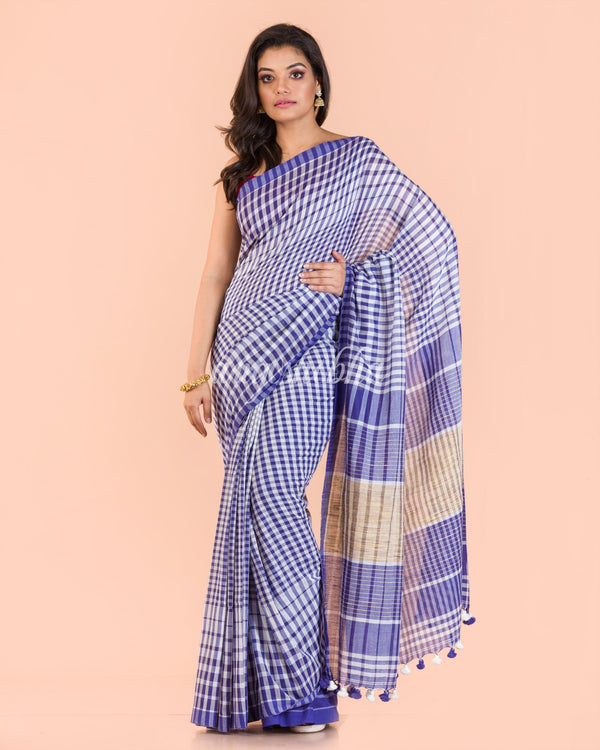 Women's Blue White Handwoven Cotton Saree - Angoshobha