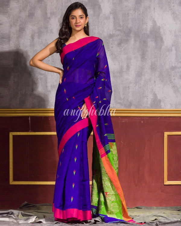 Women's Blue Blended Cotton Jamdani Saree - Angoshobha