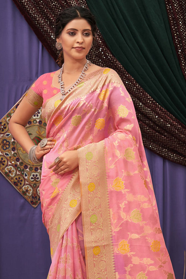 Women's Pink Organza Woven Zari Work Traditional Tassle Saree - Sangam Prints