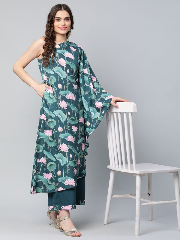 Green Floral Printed Kurta with Palazzo Set