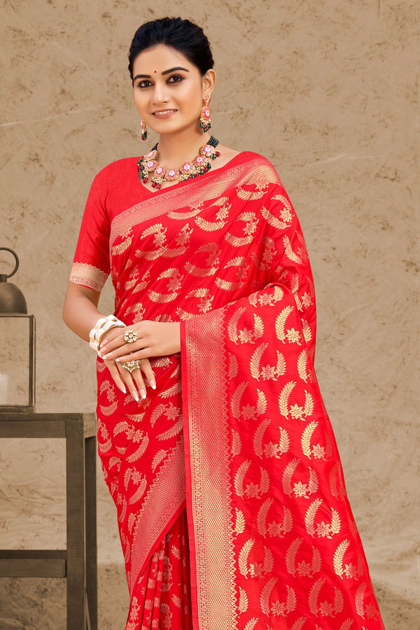 Women's Red Silk Woven Zari Work Traditional Tassle Saree - Sangam Prints