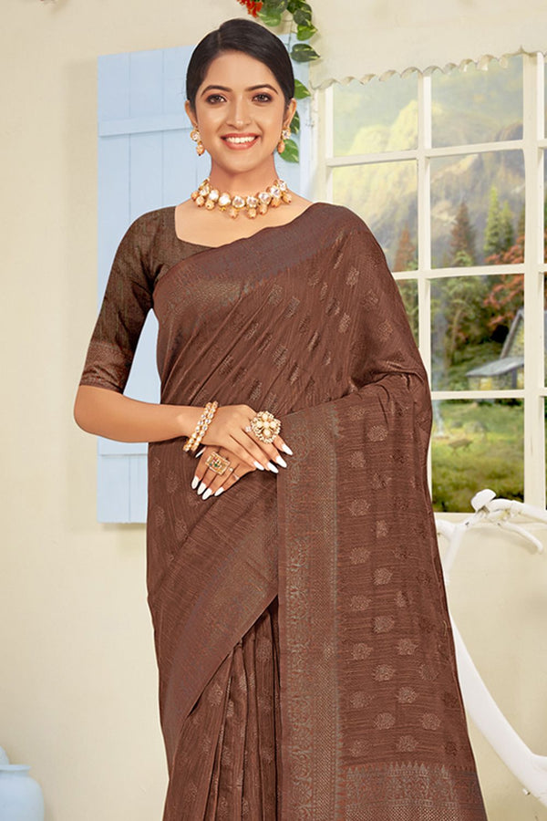 Women's Brown Cotton Woven Zari Work Traditional Tassle Saree - Sangam Prints