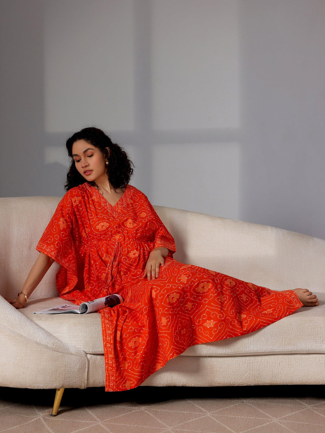 Orange Printed Cotton Kaftan Night Dress - Jashvi