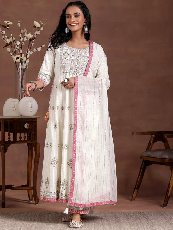 Off white Embroidered Cotton A-Line Kurta With Trousers & Dupatta