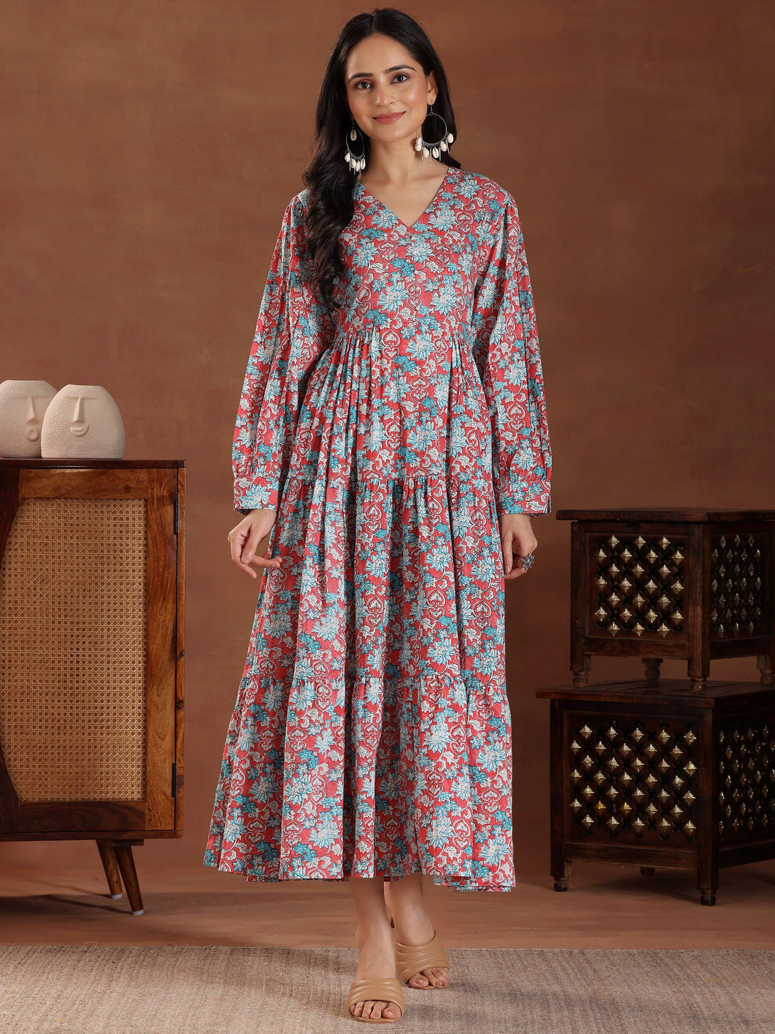 Peach Printed Cotton Fit and Flare Dress - Jashvi