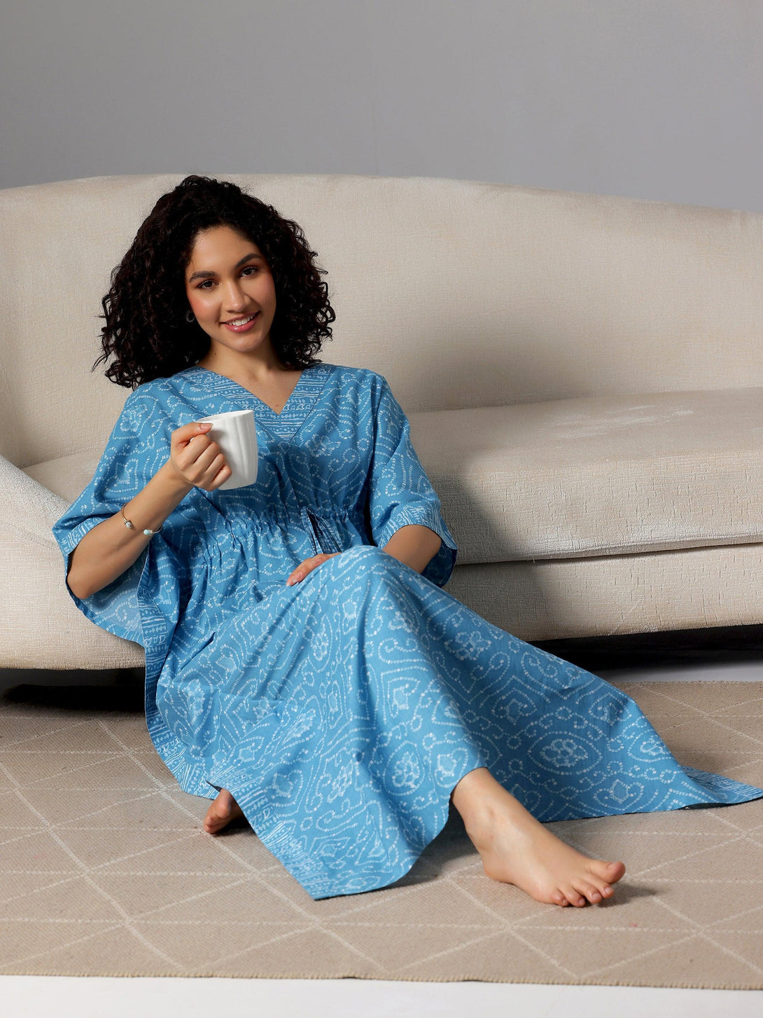 Blue Printed Cotton Kaftan Night Dress - Jashvi