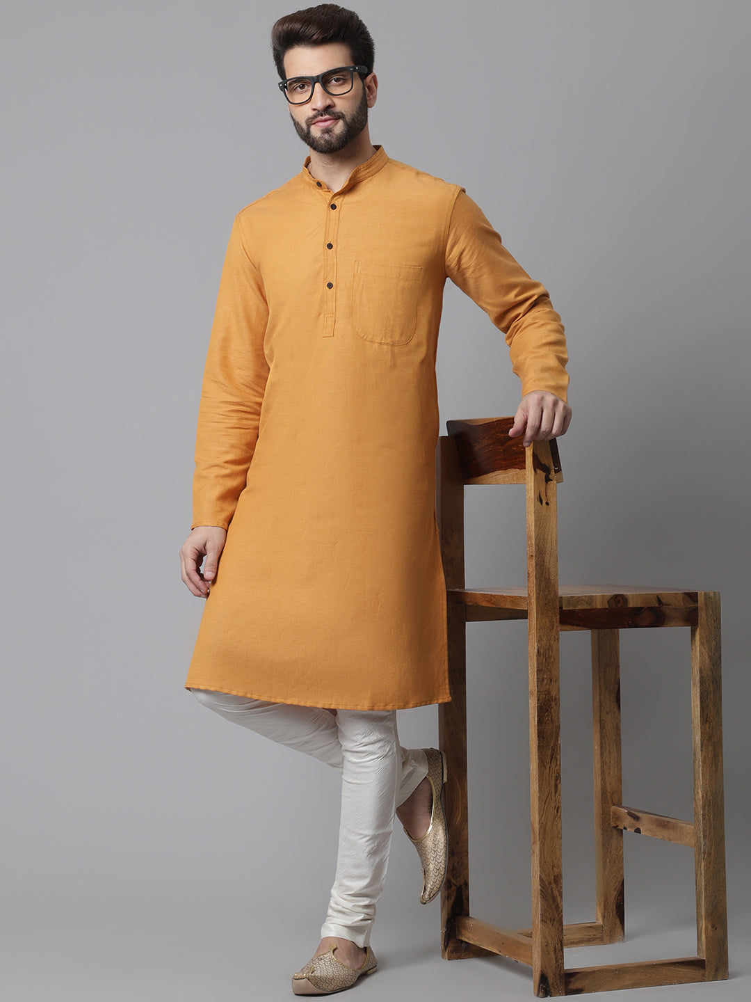 Men's Yellow Solid Kurta With Band Collar - Even Apparels