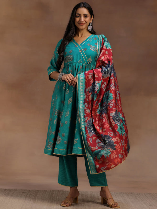 Green Printed Silk Blend Anarkali Suit With Dupatta