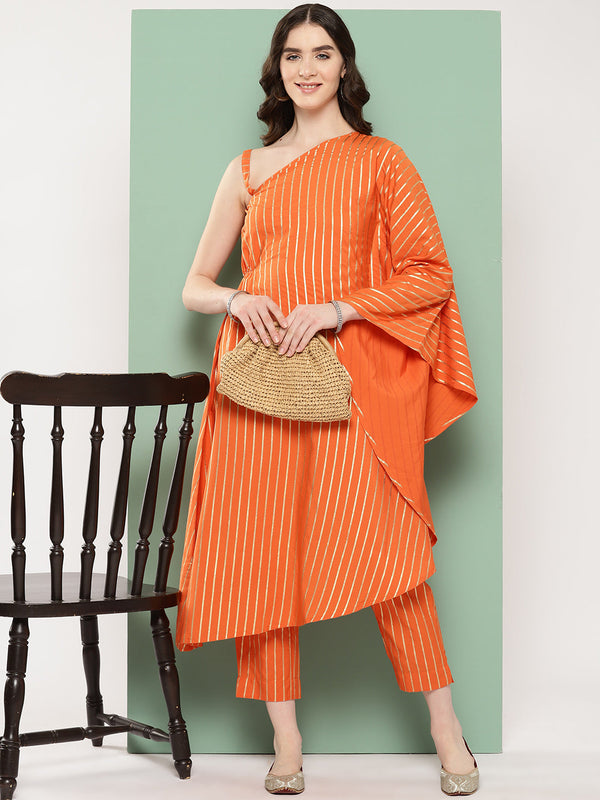 Orange Striped Fusion Kurta with Trousers