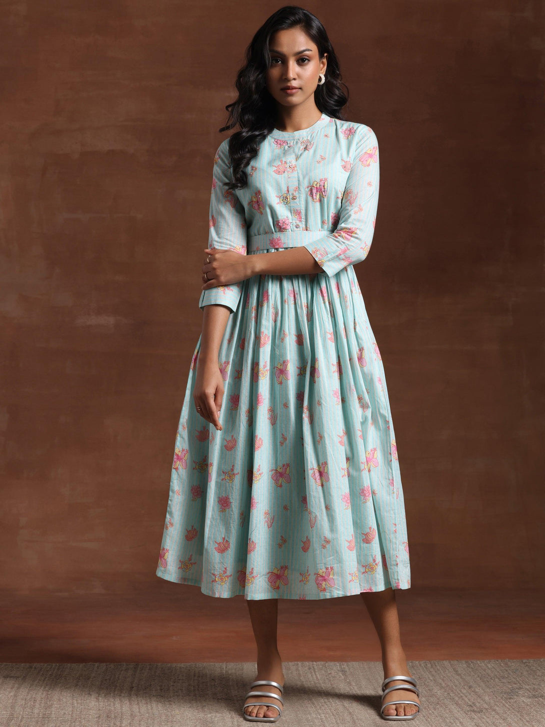 Sea Green Printed Cotton Fit and Flare Dress - Jashvi