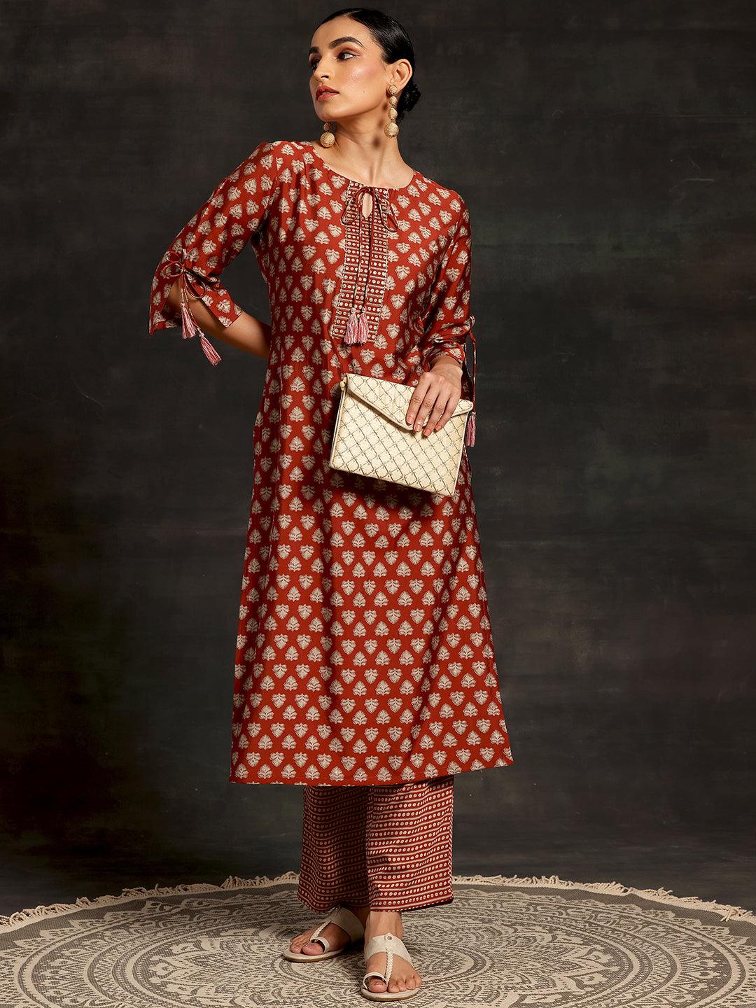 Rust Printed Silk Blend Straight Kurta Set - Jashvi