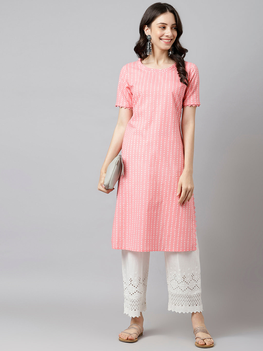 Women's Pink & White Striped Straight Kurta - Deckedup