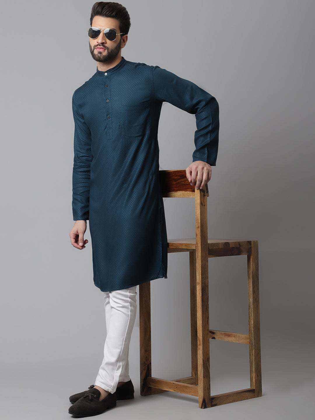 Men's Green  Kurta With Band Collar - Even Apparels