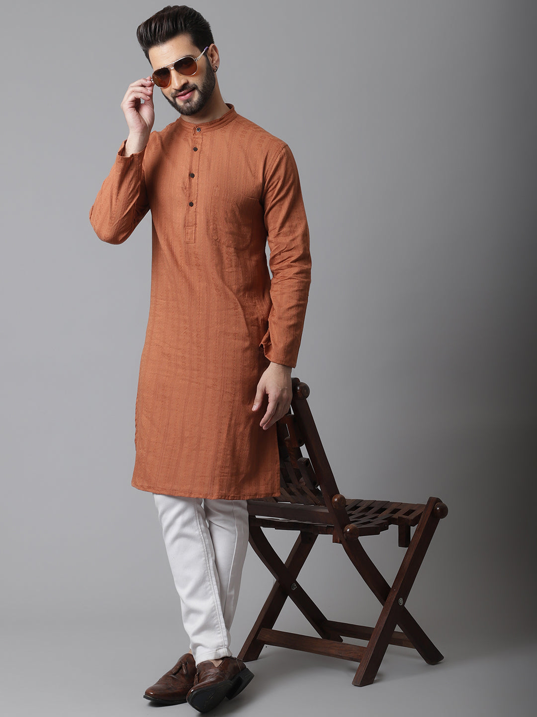 Men's Brown Pure Cotton Kurta With Band Collar - Even Apparels