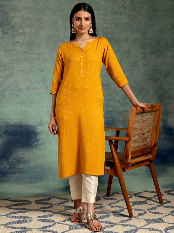 Mustard Woven Design Rayon Straight Kurta - Jashvi