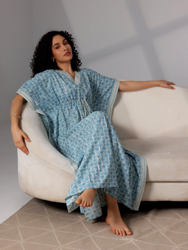 Blue Printed Cotton Kaftan Night Dress - Jashvi