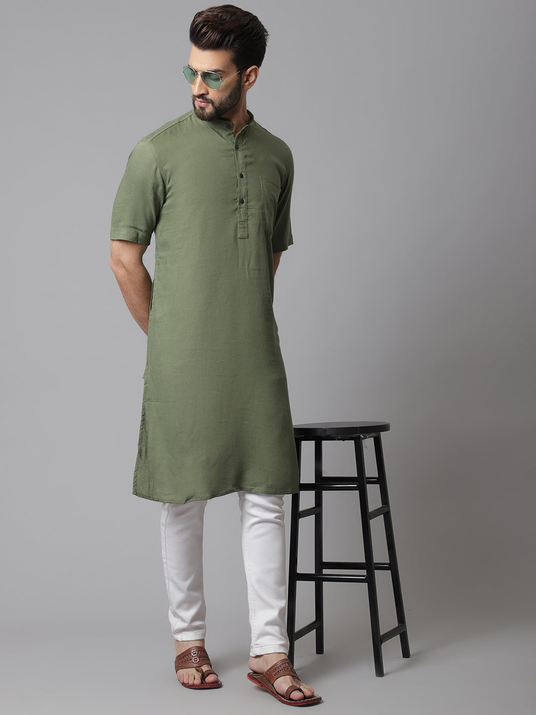 Men's Green Pure Cotton Kurta With Band Collar - Even Apparels