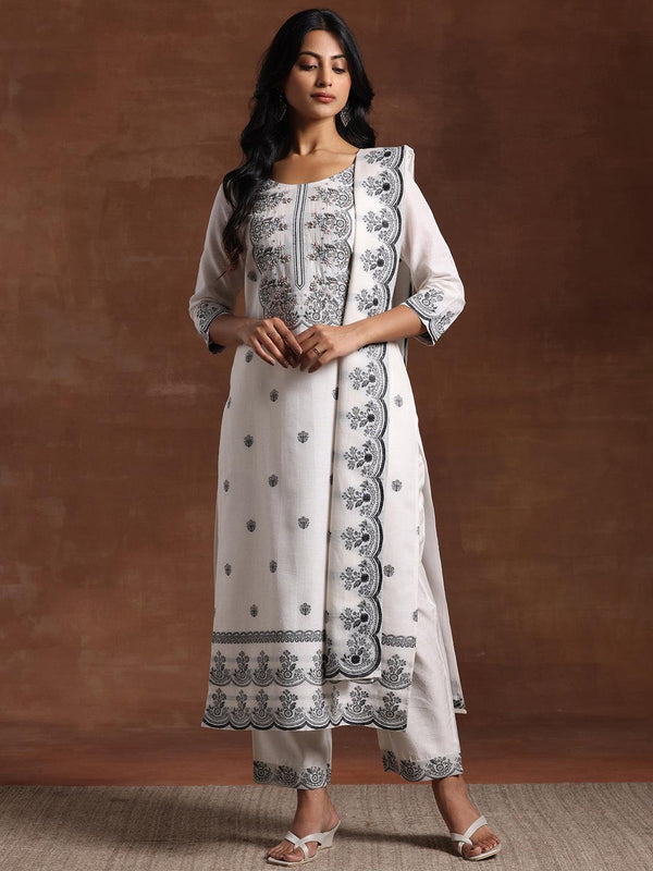 White Woven Design Cotton Straight Suit With Dupatta