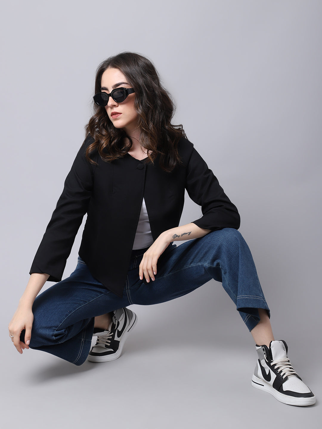 Women's Black Open Front Statement Jacket - Even Apparels