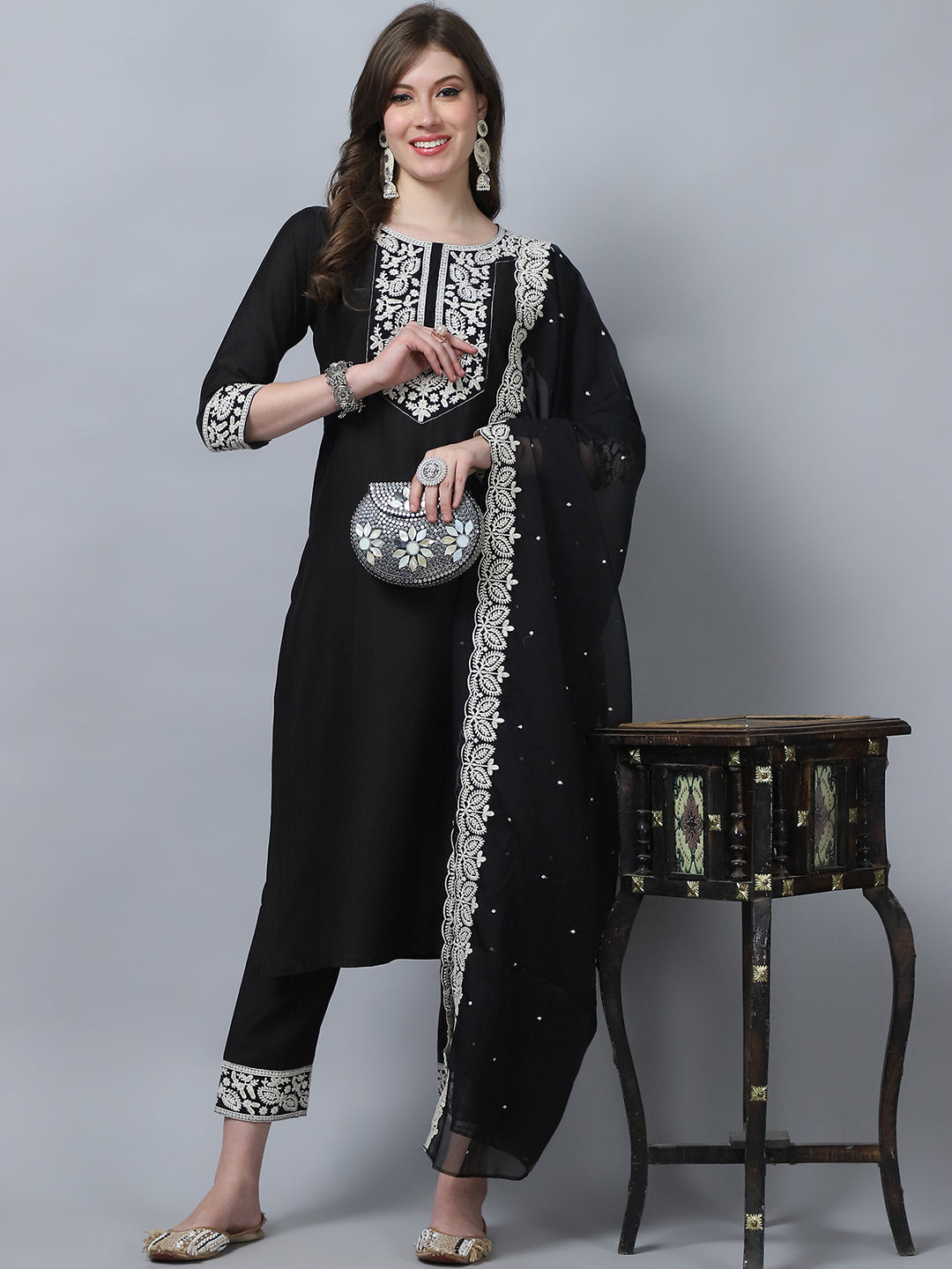 Women's Black Silk Embroidery Kurti Pant With Dupatta - Alvami