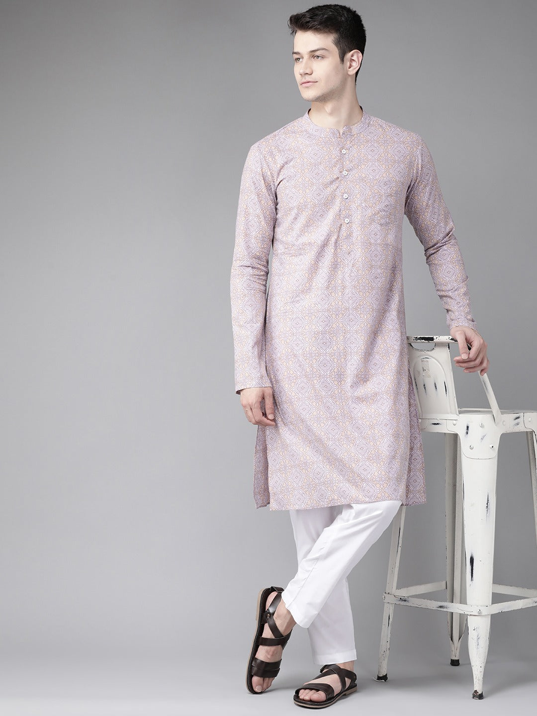 Men's Peach & Gold Printed Straight Kurta - See Designs