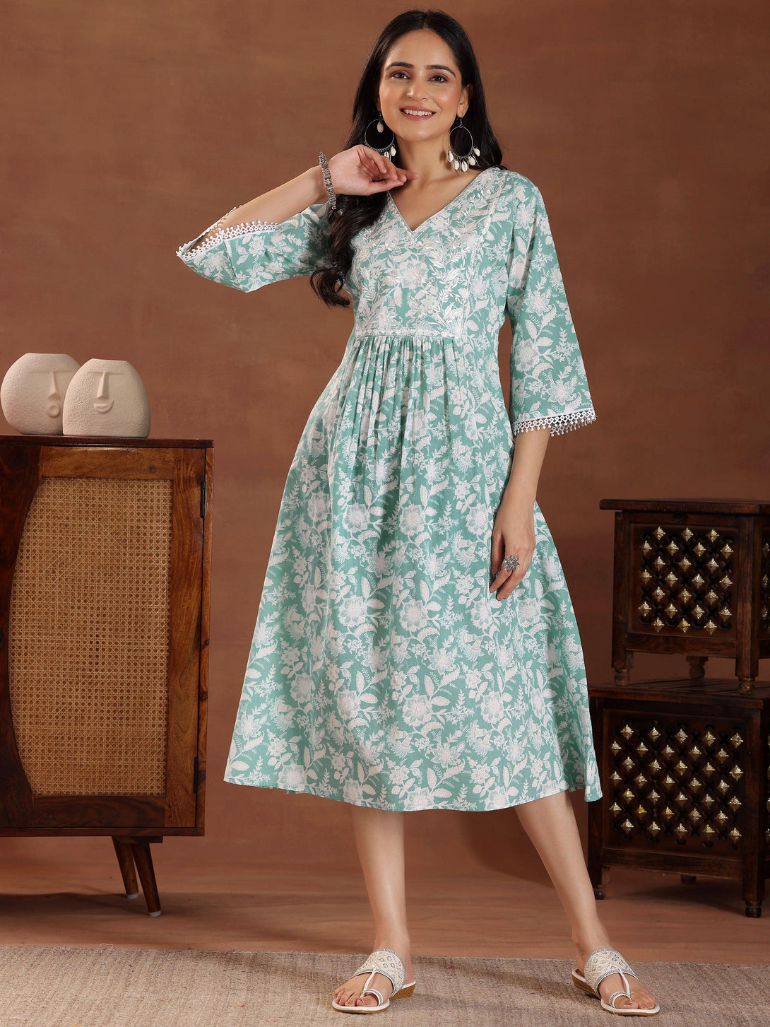 Green Printed Cotton A-Line Dress - Jashvi