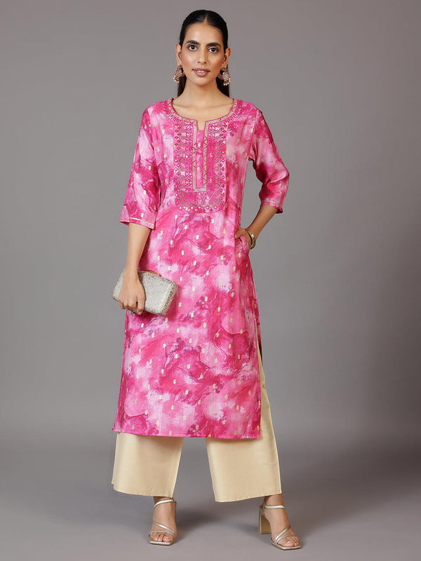 Pink Yoke Design Silk Straight Kurta - Jashvi