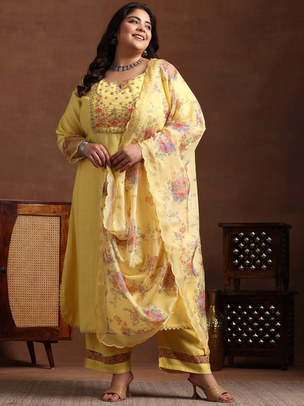 Plus Size Yellow Yoke Design Silk Blend Straight Suit With Dupatta - Jashvi