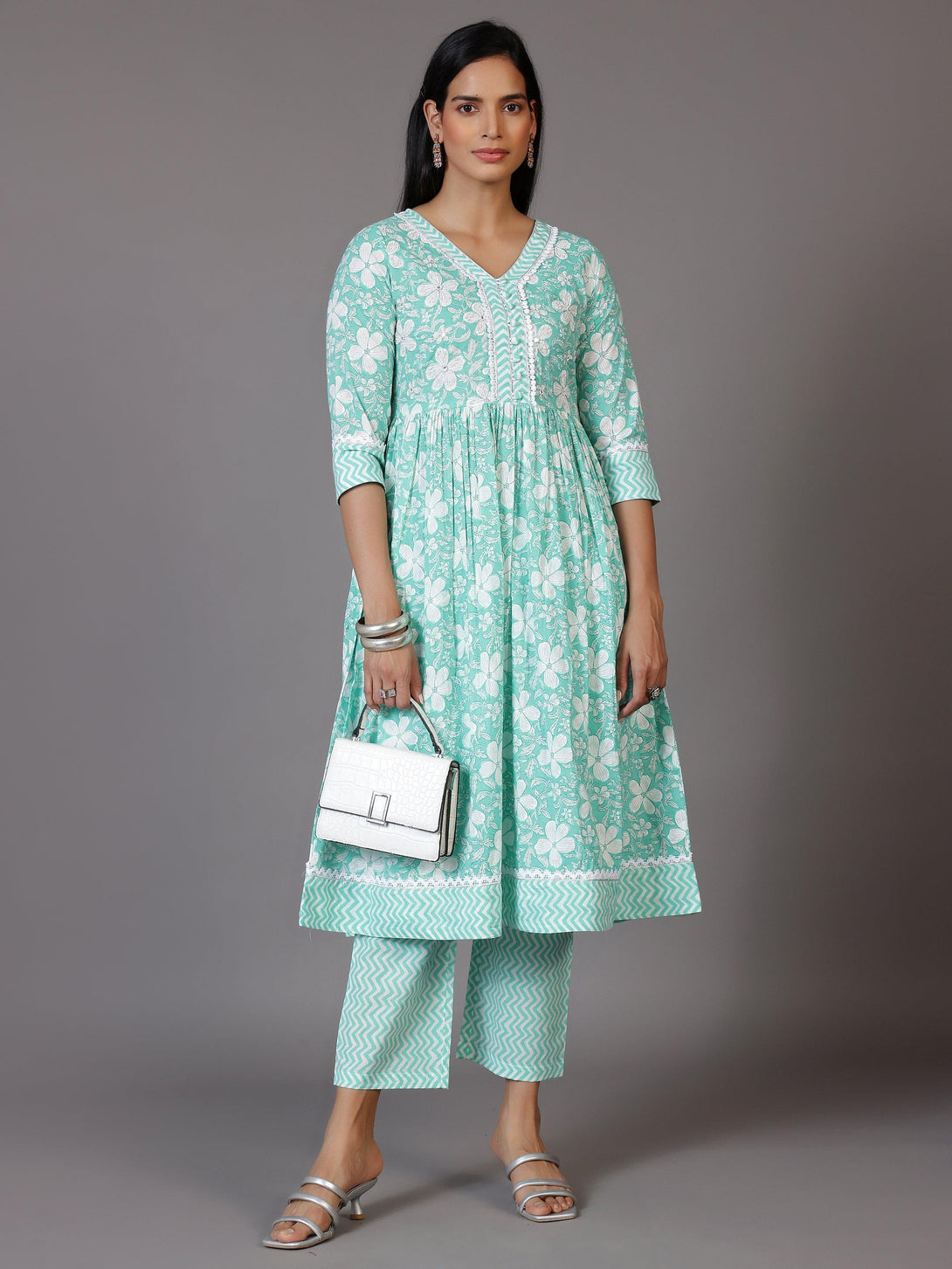 Green Printed Cotton Anarkali Kurta Set - Jashvi