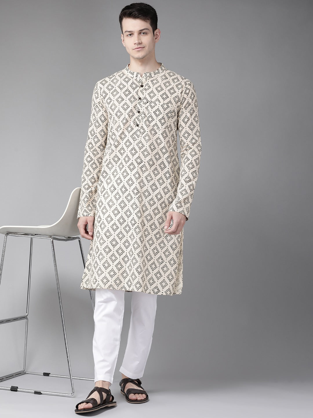 Men's Beige And Black Hand Block Print Sustainable Straight Kurta - See Designs