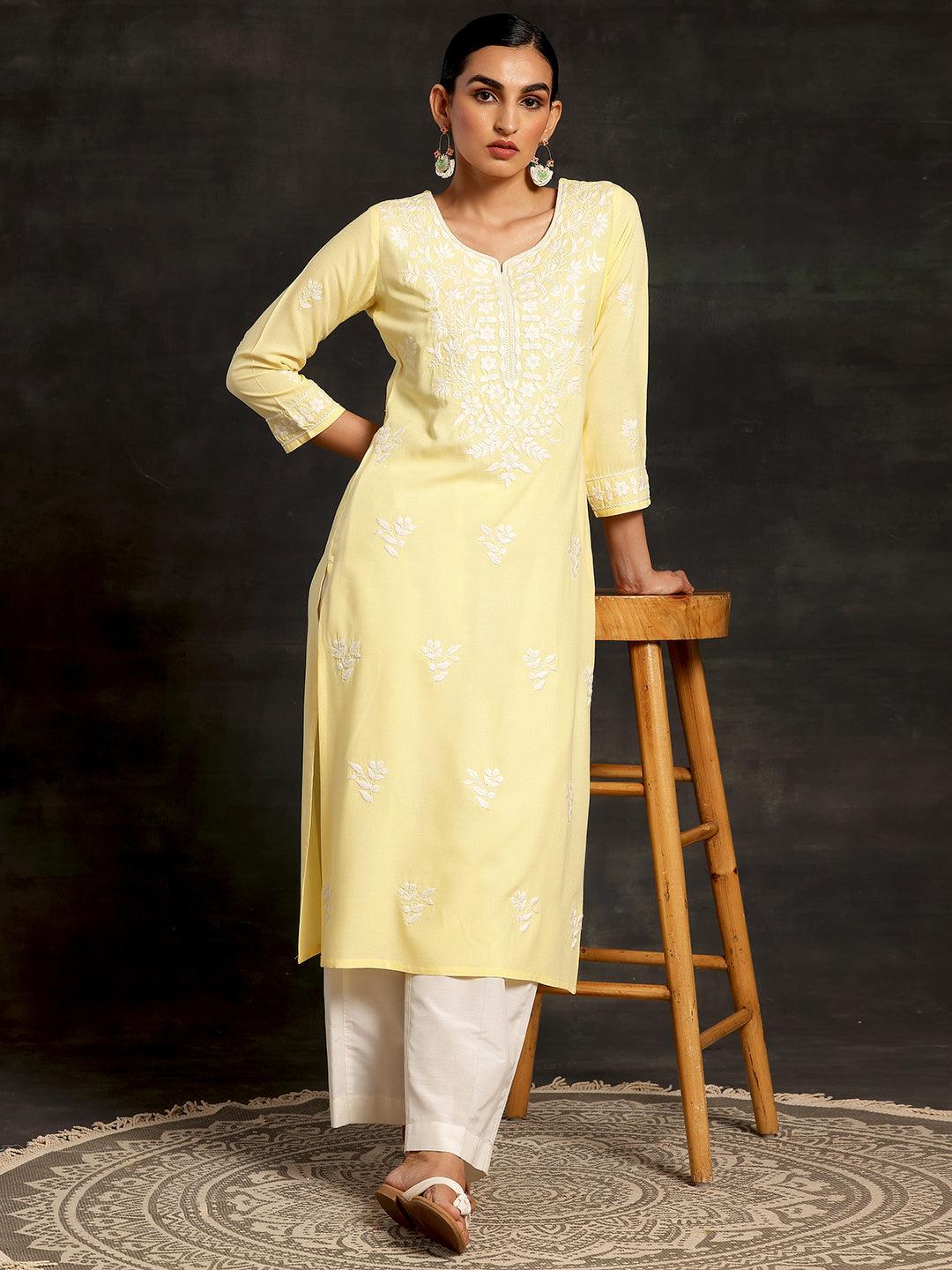 Yellow Embroidered Rayon Straight Kurta - Jashvi