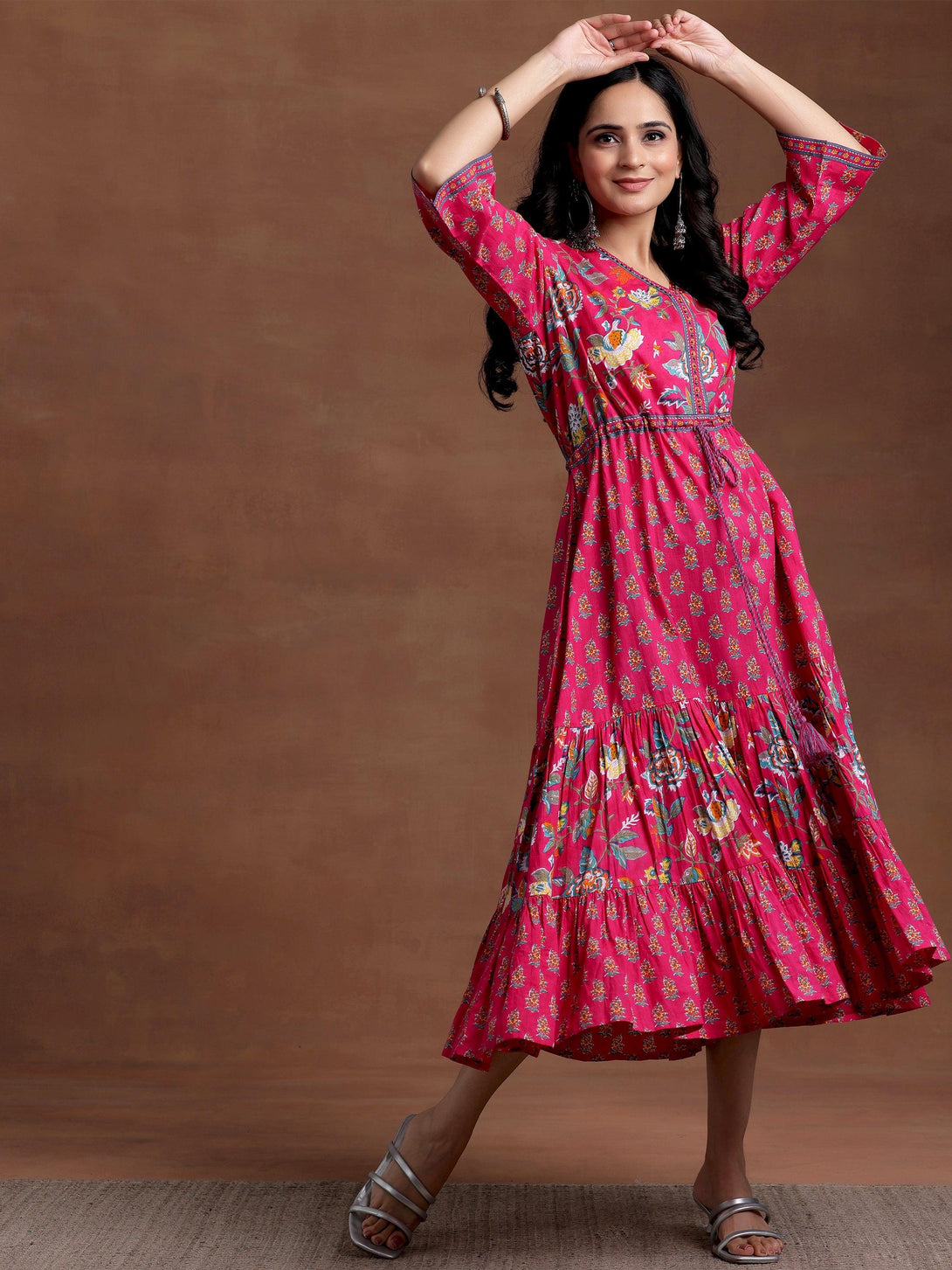 Pink Printed Cotton Fit and Flare Dress - Jashvi