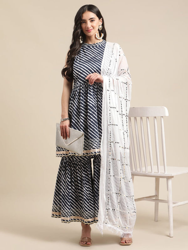 Women's Blue And White Leheriya Halter Neckline Gota Work Kurta With Sharara And Sequins Emebllished Dupatta - Varanga