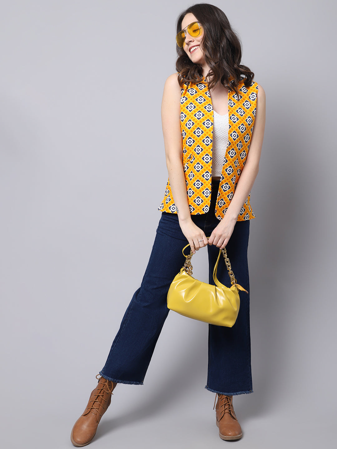 Women's Yellow Open Front Waistcoat - Even Apparels