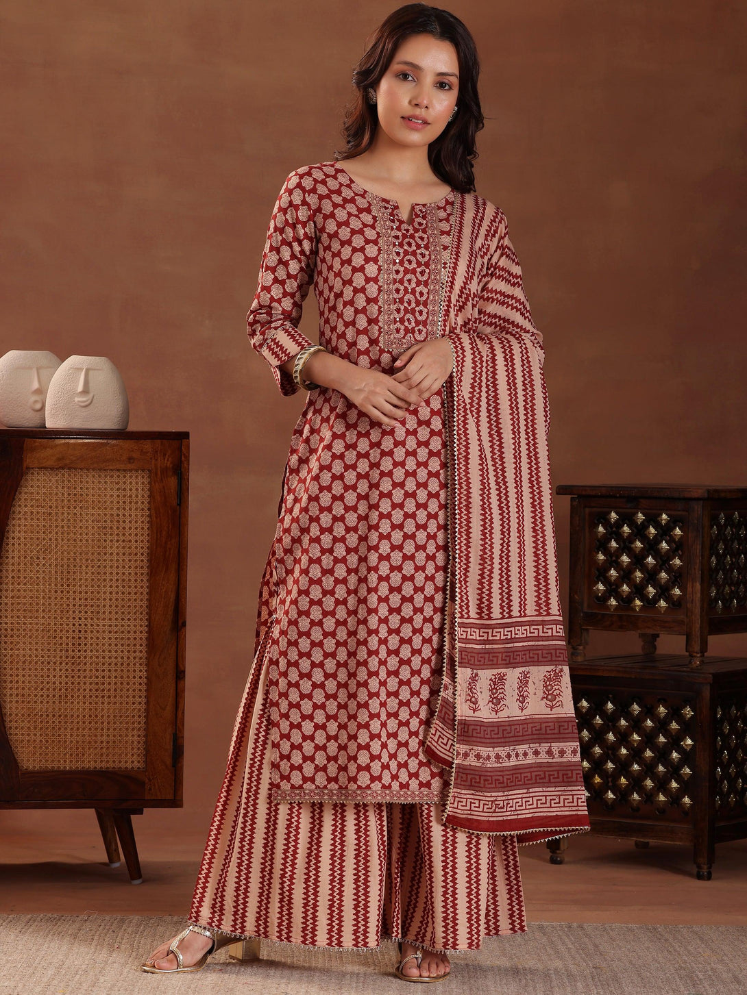 Maroon Printed Cotton Straight Suit With Dupatta - Jashvi